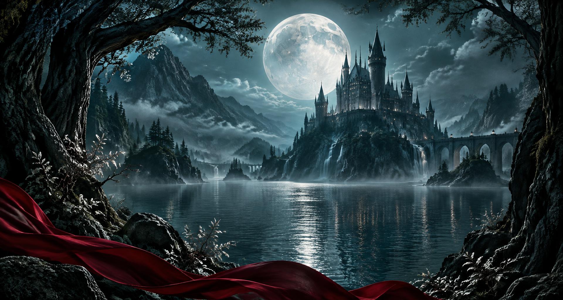 A moonlit castle rises above the misty waters of Faerwyn